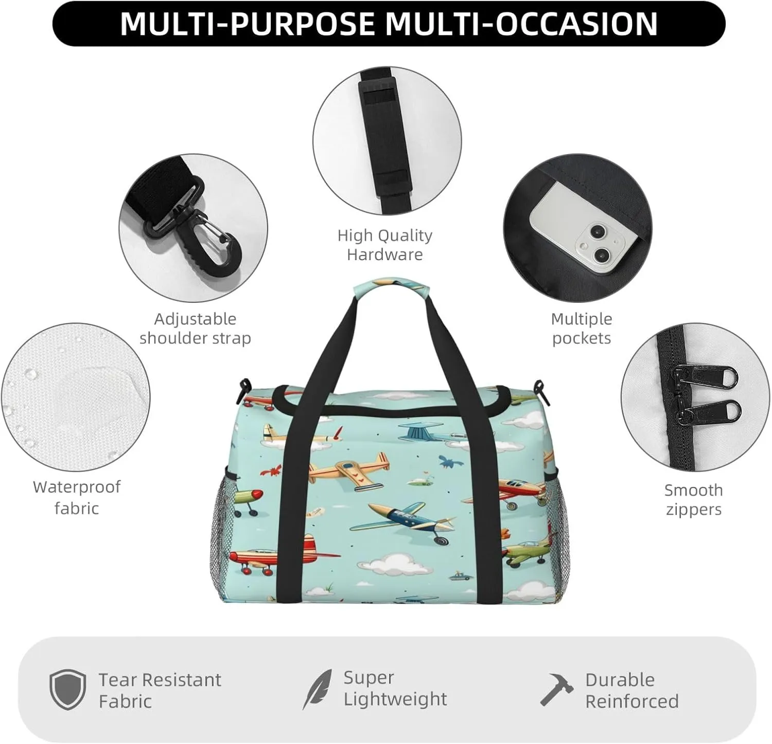 Travel Duffel Bag For Men Women, Cartoon Airplanes Pattern Carry On Sport Gym Bag With Shoulder Strap Lightweight Waterproof Weekender Bag Overnight Bag