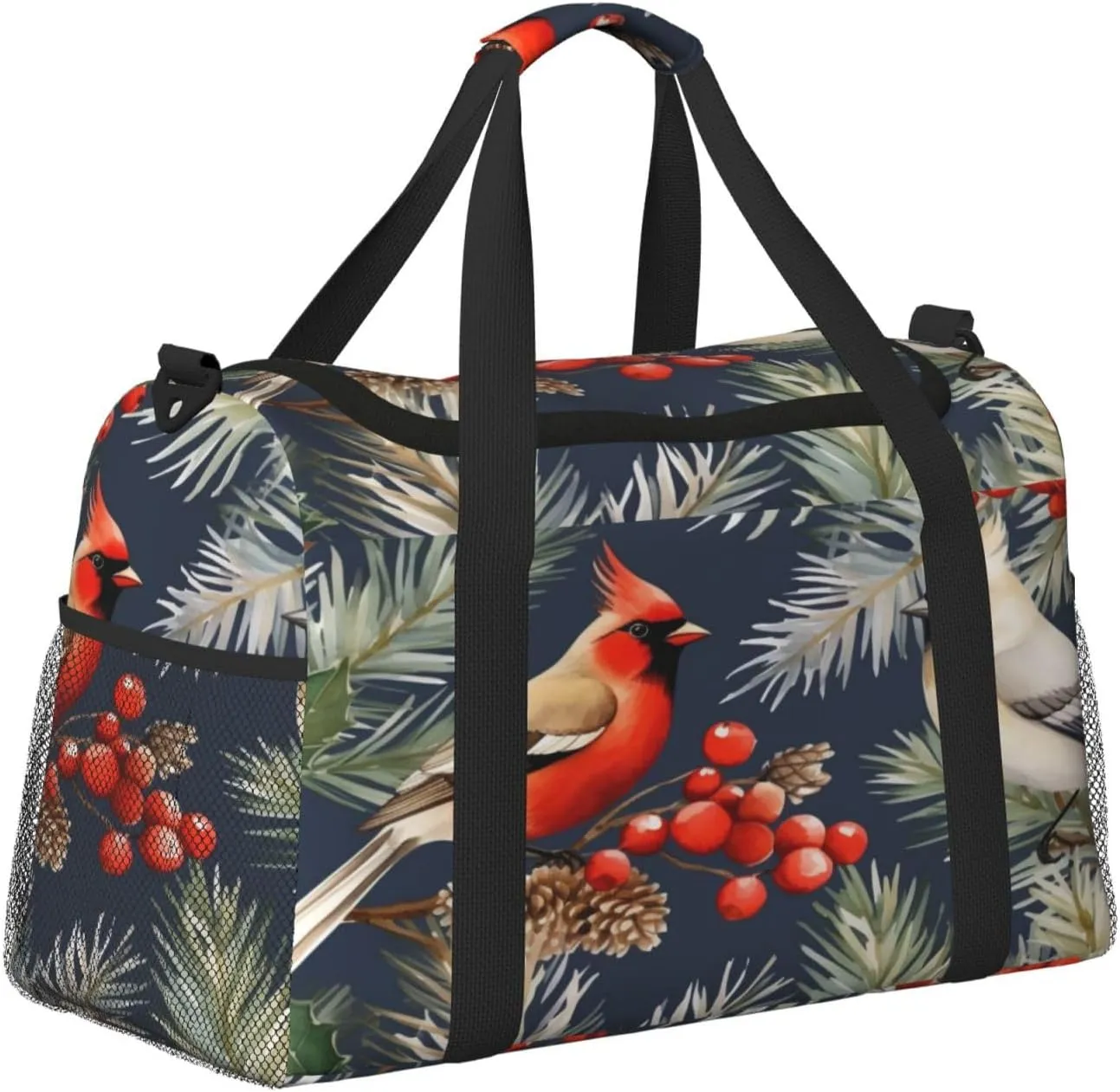 Travel Duffel Bag For Men Women, Christmas Birds Holly Tree Berry Carry On Sport Gym Bag With Shoulder Strap Lightweight Waterproof Weekender Bag Overnight Bag