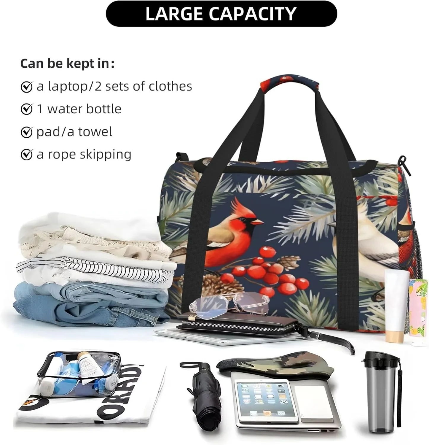Travel Duffel Bag For Men Women, Christmas Birds Holly Tree Berry Carry On Sport Gym Bag With Shoulder Strap Lightweight Waterproof Weekender Bag Overnight Bag