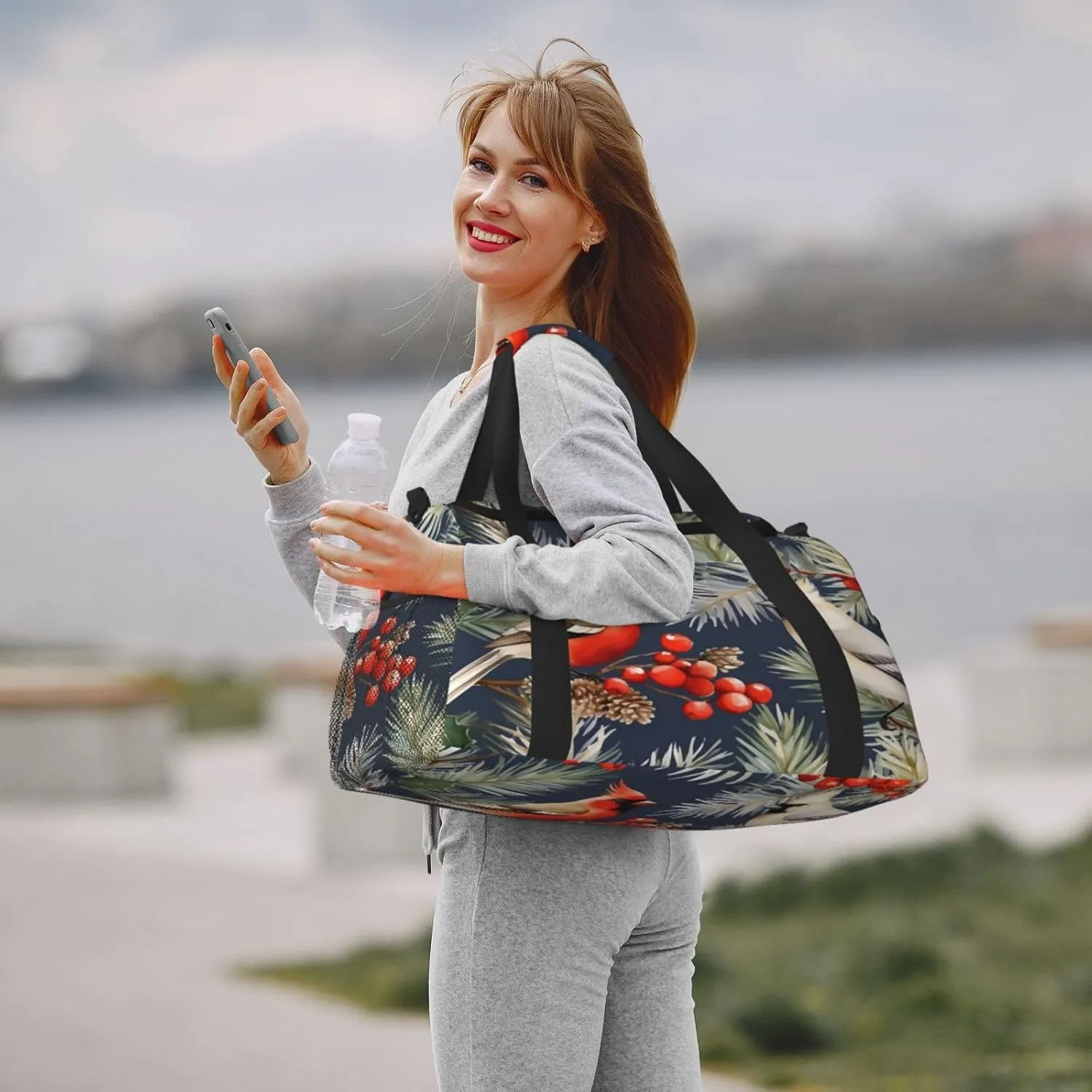 Travel Duffel Bag For Men Women, Christmas Birds Holly Tree Berry Carry On Sport Gym Bag With Shoulder Strap Lightweight Waterproof Weekender Bag Overnight Bag