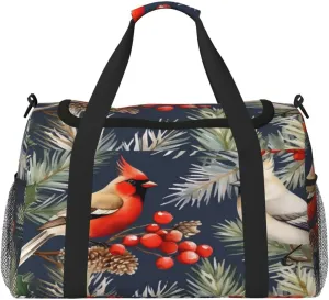 Travel Duffel Bag For Men Women, Christmas Birds Holly Tree Berry Carry On Sport Gym Bag With Shoulder Strap Lightweight Waterproof Weekender Bag Overnight Bag