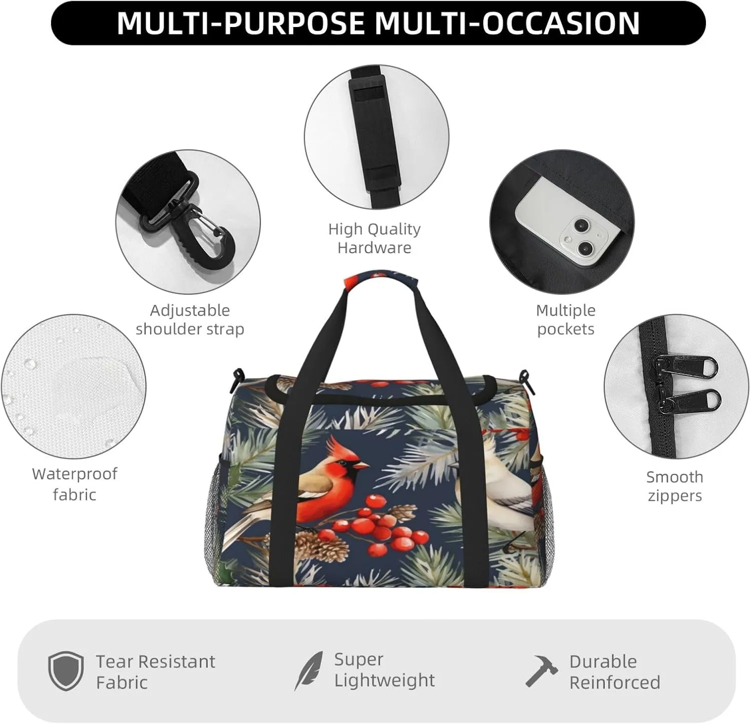 Travel Duffel Bag For Men Women, Christmas Birds Holly Tree Berry Carry On Sport Gym Bag With Shoulder Strap Lightweight Waterproof Weekender Bag Overnight Bag