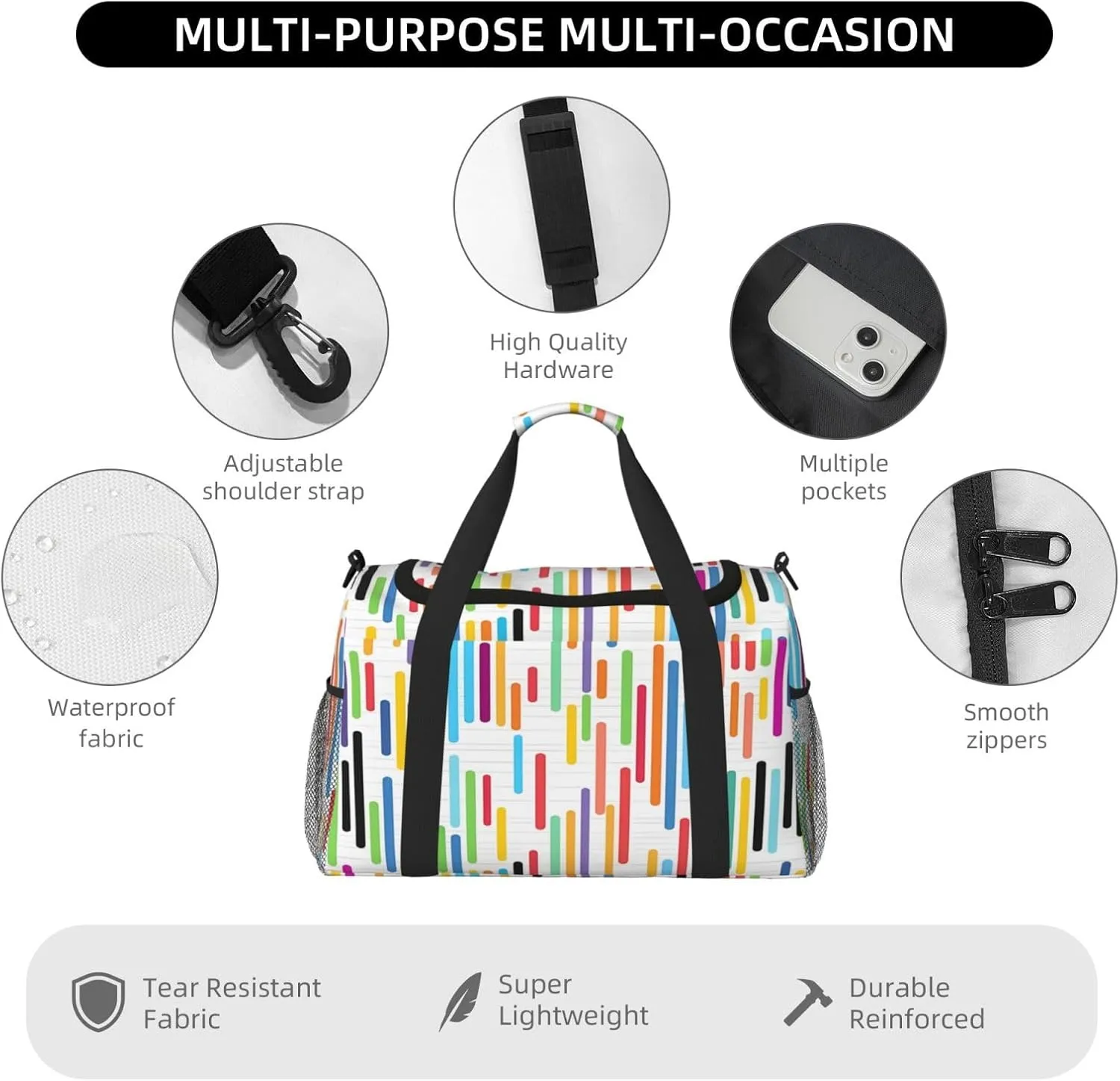 Travel Duffel Bag For Men Women, Colorful Music Notes Piano Keyboard Carry On Sport Gym Bag With Shoulder Strap Lightweight Waterproof Weekender Bag Overnight Bag