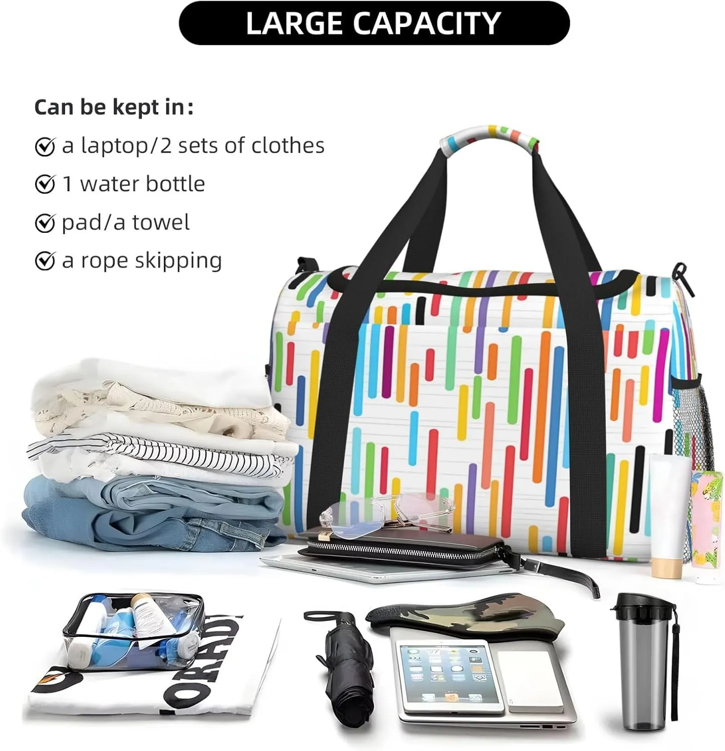 Travel Duffel Bag For Men Women, Colorful Music Notes Piano Keyboard Carry On Sport Gym Bag With Shoulder Strap Lightweight Waterproof Weekender Bag Overnight Bag