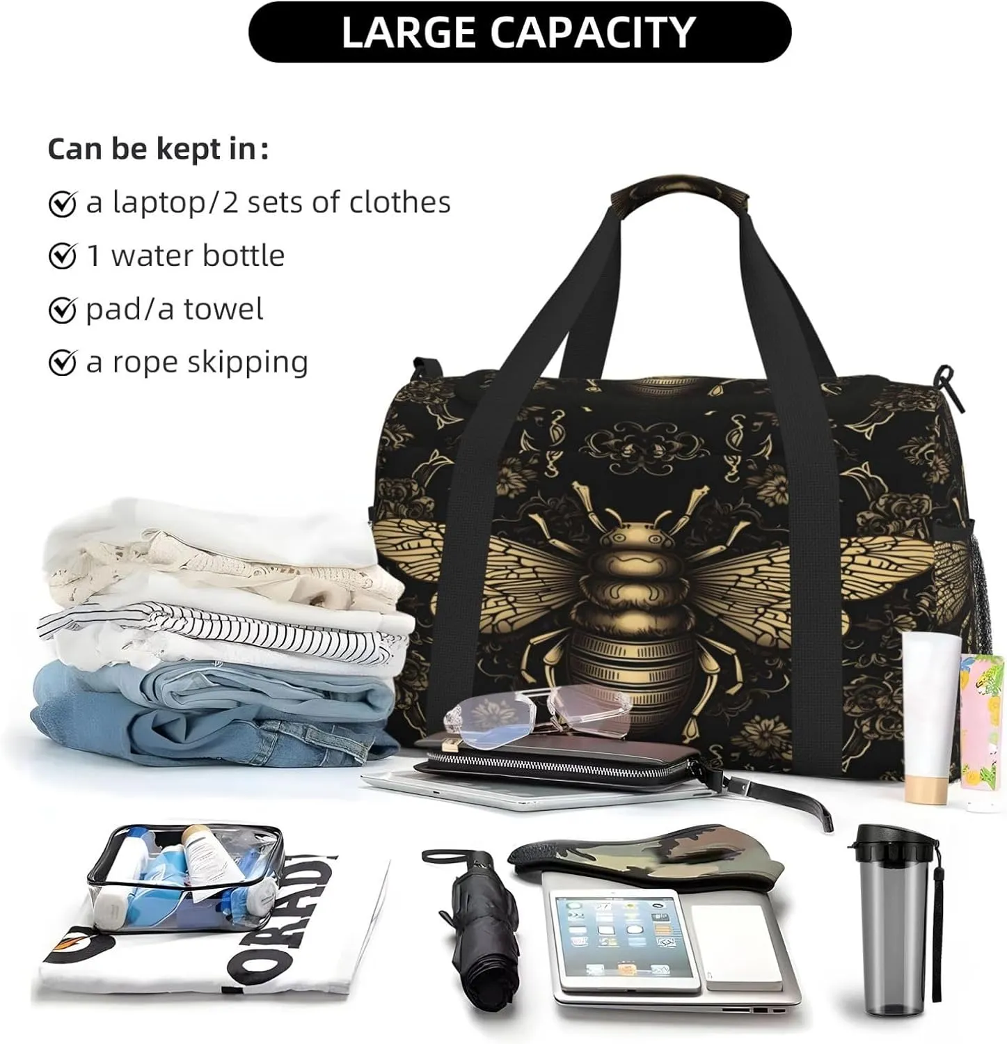 Travel Duffel Bag For Men Women, Cool Bee Retro Painting Carry On Sport Gym Bag With Shoulder Strap Lightweight Waterproof Weekender Bag Overnight Bag