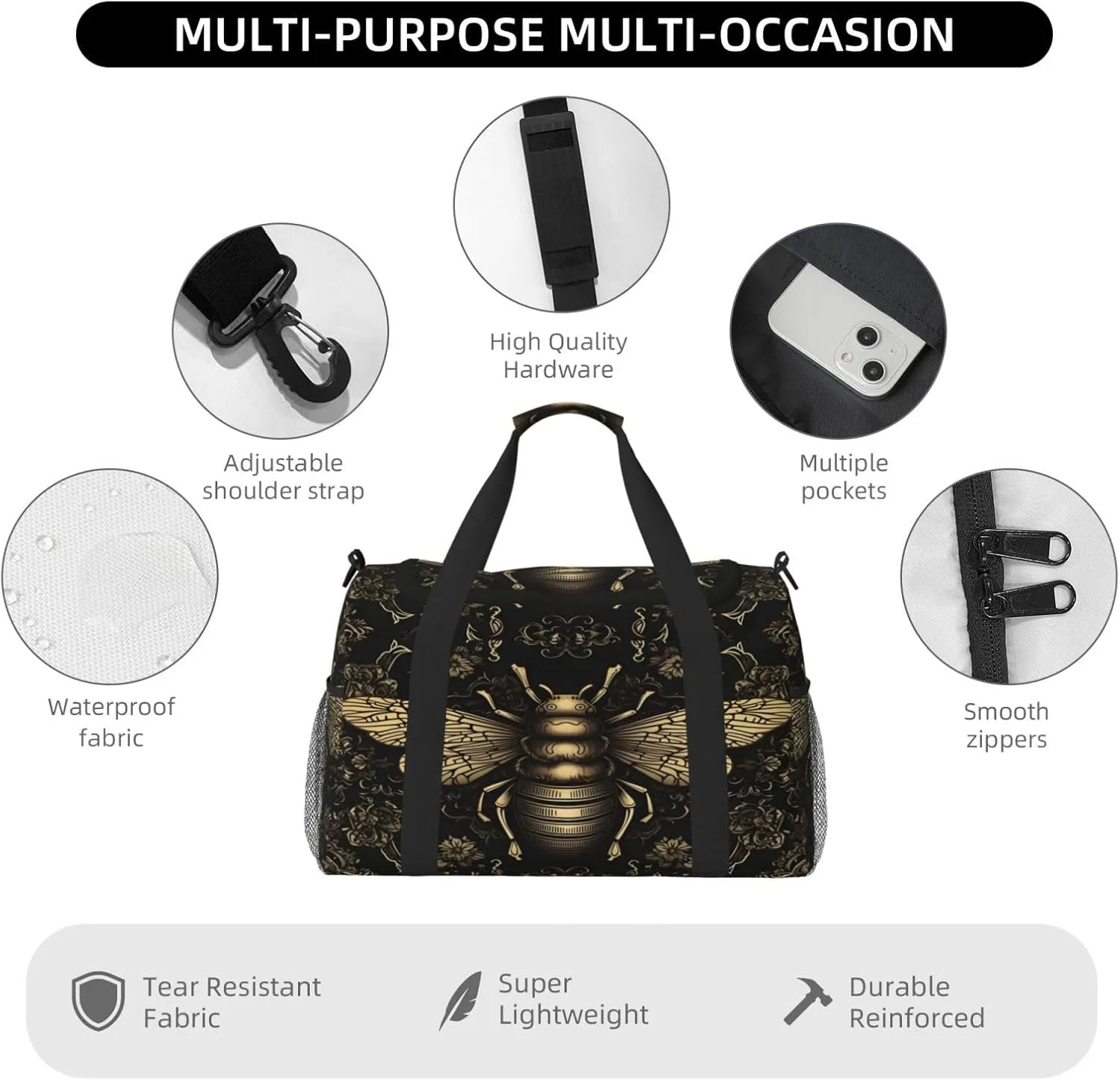 Travel Duffel Bag For Men Women, Cool Bee Retro Painting Carry On Sport Gym Bag With Shoulder Strap Lightweight Waterproof Weekender Bag Overnight Bag