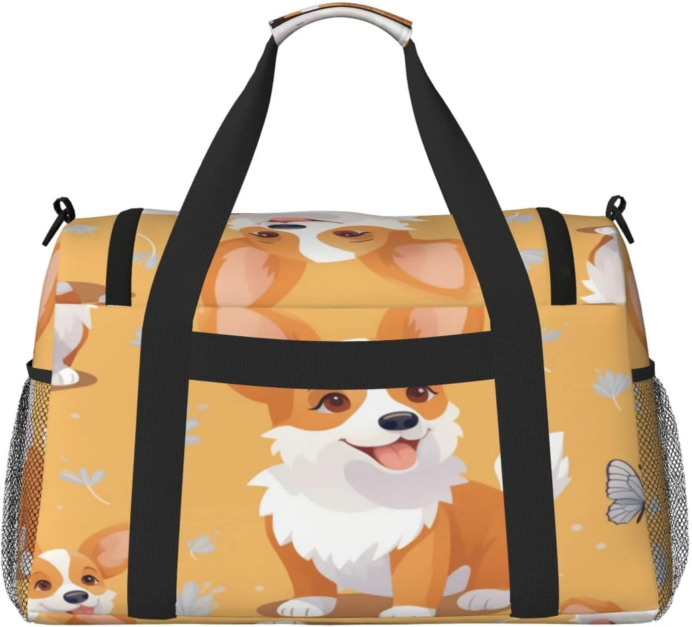 Travel Duffel Bag For Men Women, Cute Corgi Dog Cartoon Butterfly Carry On Sport Gym Bag With Shoulder Strap Lightweight Waterproof Weekender Bag Overnight Bag