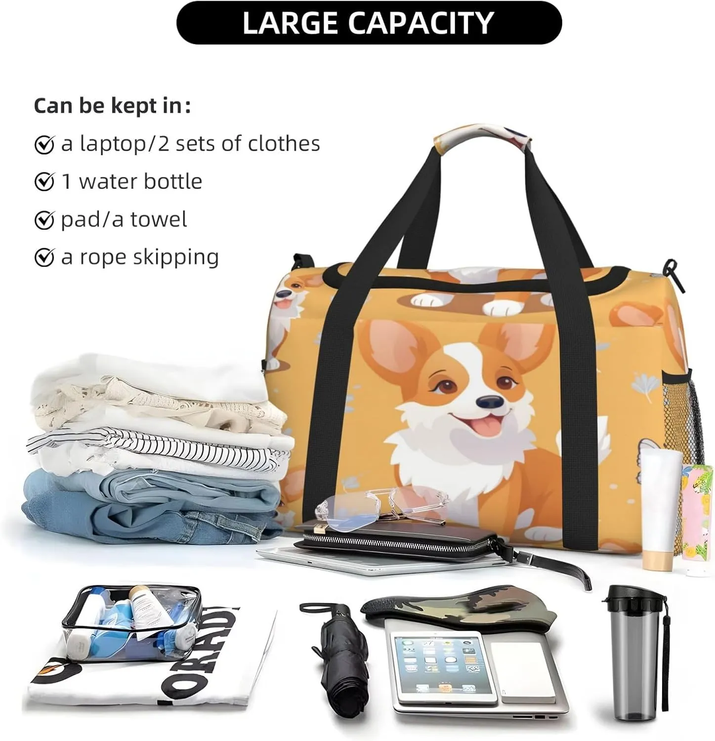 Travel Duffel Bag For Men Women, Cute Corgi Dog Cartoon Butterfly Carry On Sport Gym Bag With Shoulder Strap Lightweight Waterproof Weekender Bag Overnight Bag