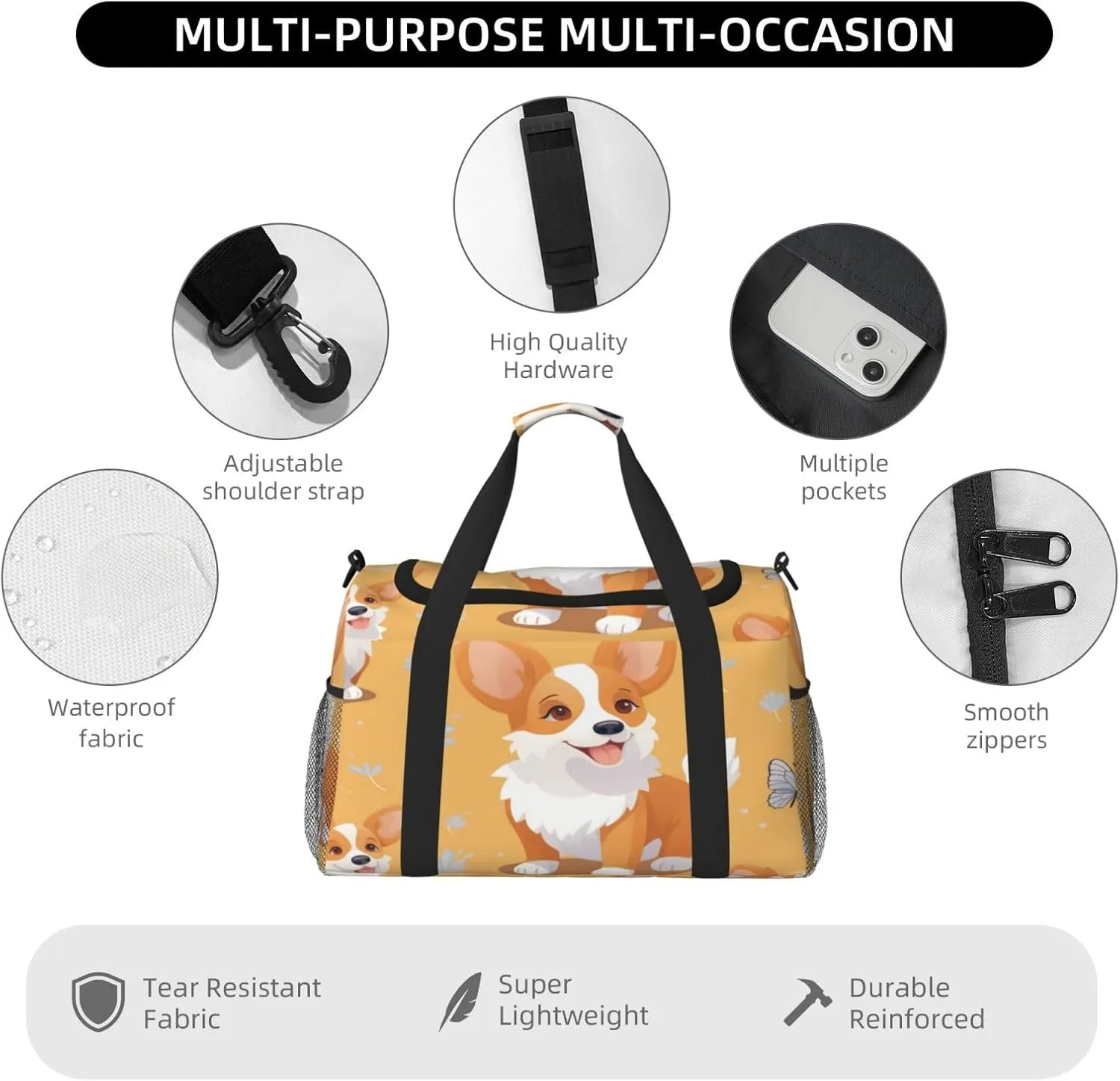 Travel Duffel Bag For Men Women, Cute Corgi Dog Cartoon Butterfly Carry On Sport Gym Bag With Shoulder Strap Lightweight Waterproof Weekender Bag Overnight Bag
