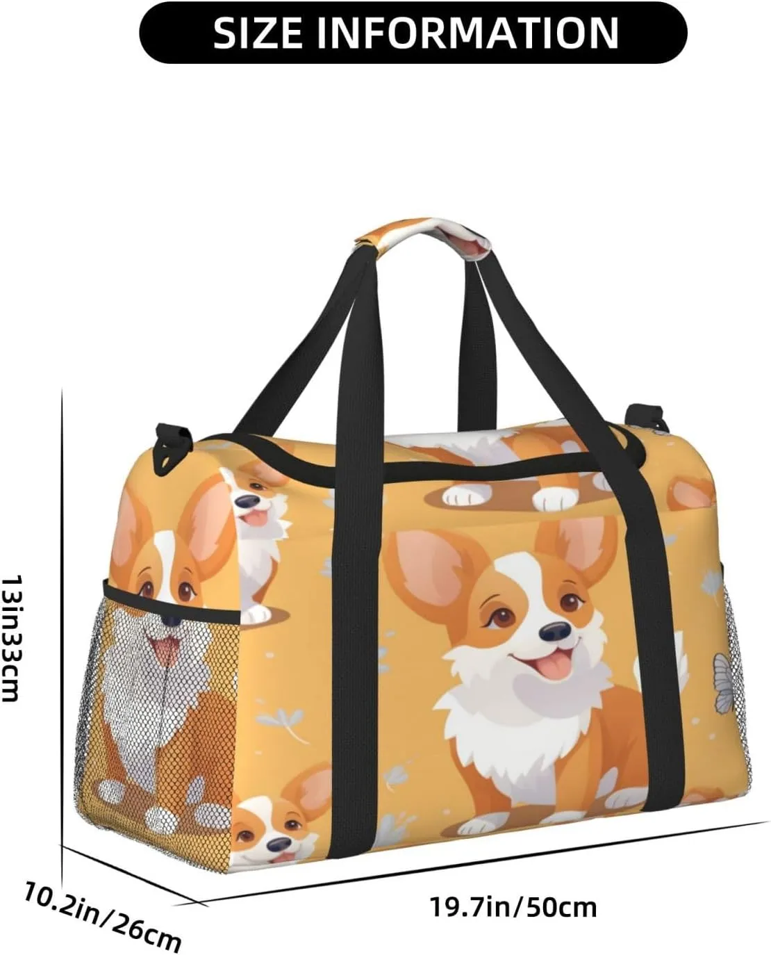 Travel Duffel Bag For Men Women, Cute Corgi Dog Cartoon Butterfly Carry On Sport Gym Bag With Shoulder Strap Lightweight Waterproof Weekender Bag Overnight Bag