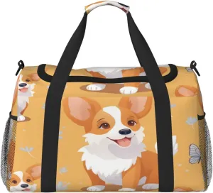 Travel Duffel Bag For Men Women, Cute Corgi Dog Cartoon Butterfly Carry On Sport Gym Bag With Shoulder Strap Lightweight Waterproof Weekender Bag Overnight Bag