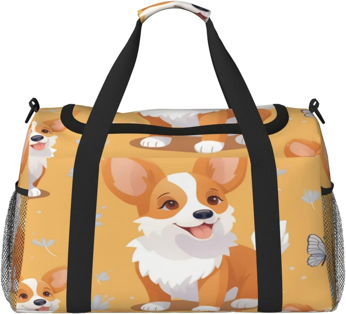Travel Duffel Bag For Men Women, Cute Corgi Dog Cartoon Butterfly Carry On Sport Gym Bag With Shoulder Strap Lightweight Waterproof Weekender Bag Overnight Bag