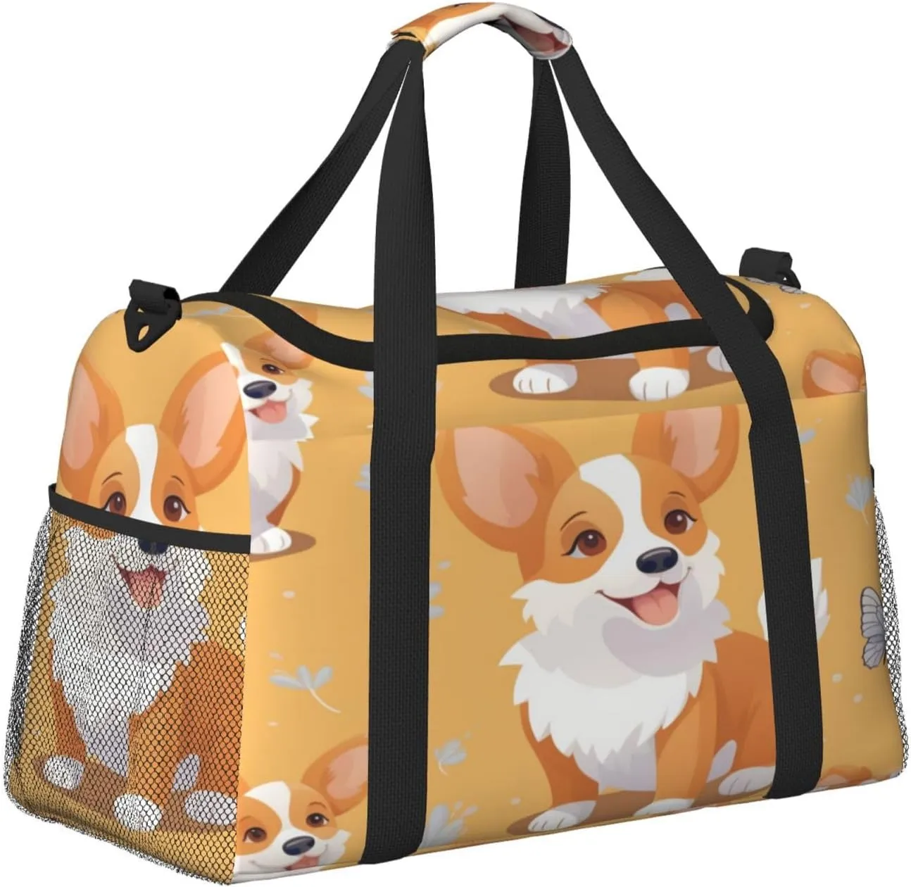 Travel Duffel Bag For Men Women, Cute Corgi Dog Cartoon Butterfly Carry On Sport Gym Bag With Shoulder Strap Lightweight Waterproof Weekender Bag Overnight Bag