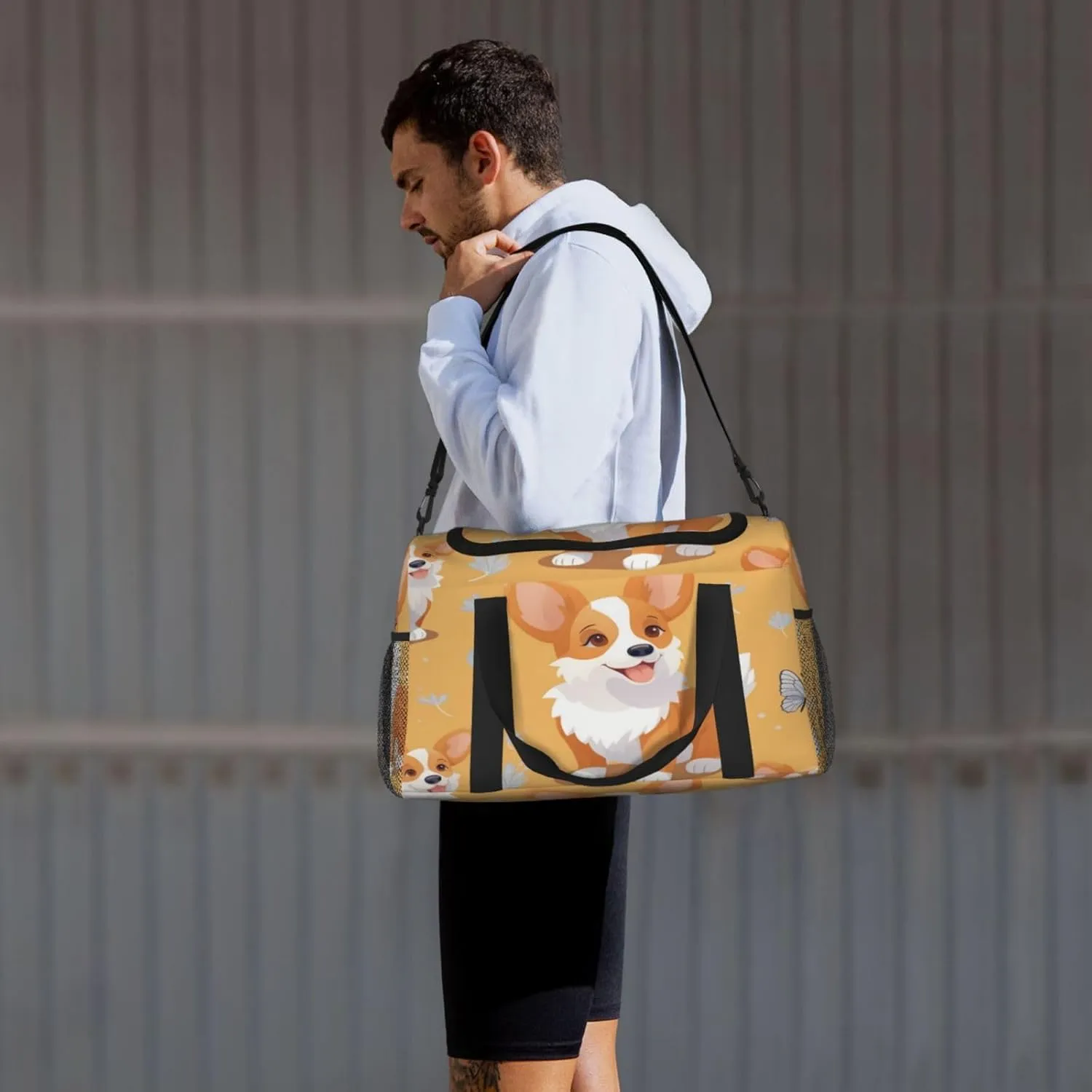 Travel Duffel Bag For Men Women, Cute Corgi Dog Cartoon Butterfly Carry On Sport Gym Bag With Shoulder Strap Lightweight Waterproof Weekender Bag Overnight Bag