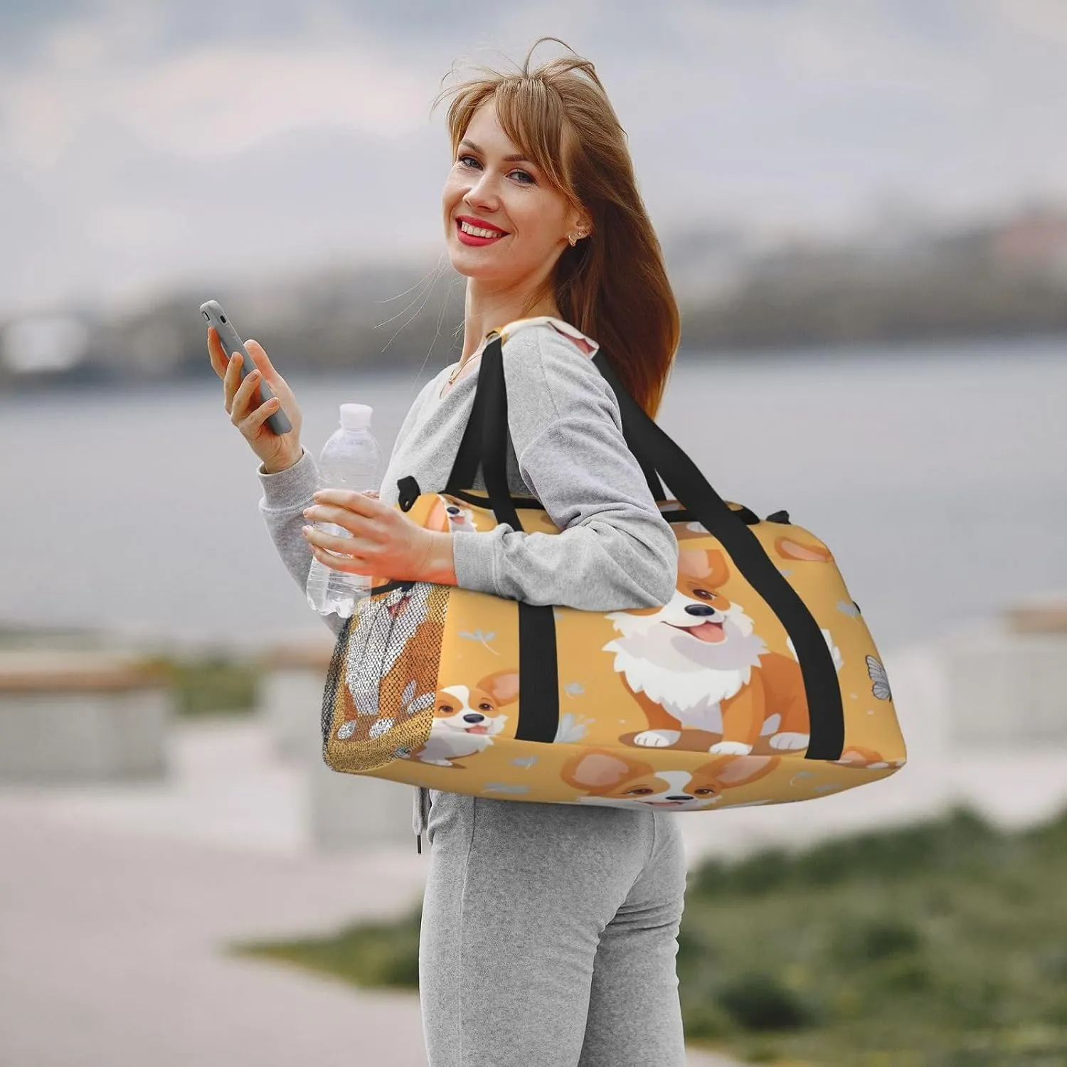 Travel Duffel Bag For Men Women, Cute Corgi Dog Cartoon Butterfly Carry On Sport Gym Bag With Shoulder Strap Lightweight Waterproof Weekender Bag Overnight Bag