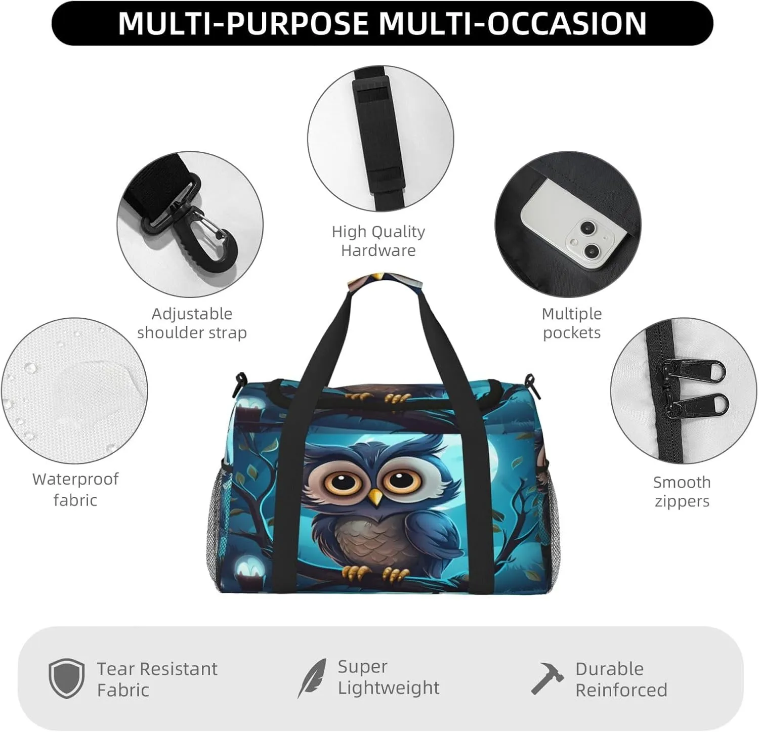 Travel Duffel Bag For Men Women, Cute Owl Cartoon Moon Carry On Sport Gym Bag With Shoulder Strap Lightweight Waterproof Weekender Bag Overnight Bag
