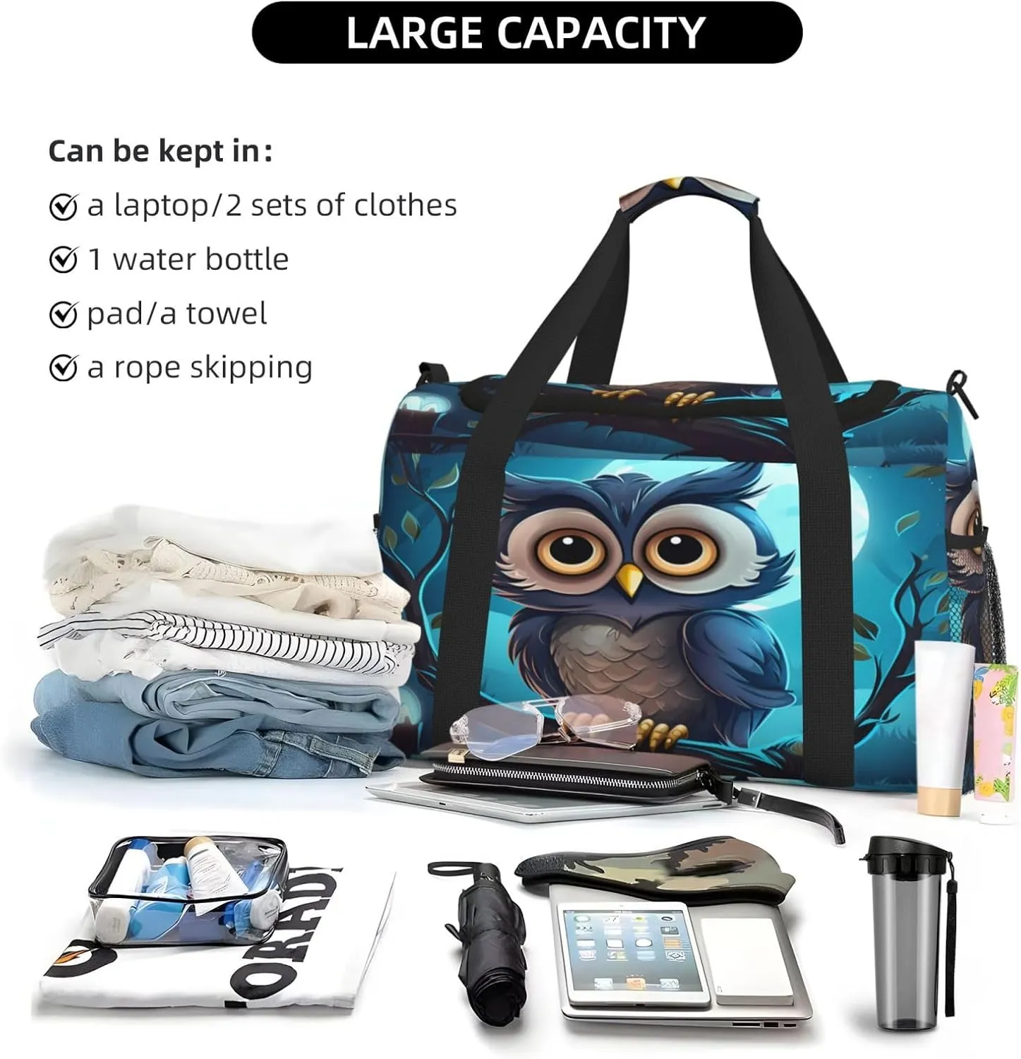 Travel Duffel Bag For Men Women, Cute Owl Cartoon Moon Carry On Sport Gym Bag With Shoulder Strap Lightweight Waterproof Weekender Bag Overnight Bag