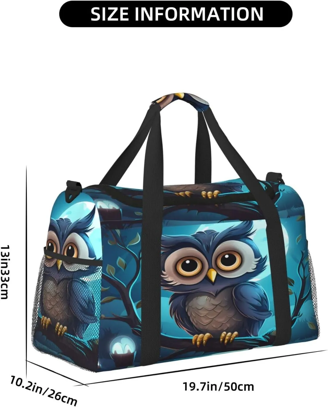 Travel Duffel Bag For Men Women, Cute Owl Cartoon Moon Carry On Sport Gym Bag With Shoulder Strap Lightweight Waterproof Weekender Bag Overnight Bag