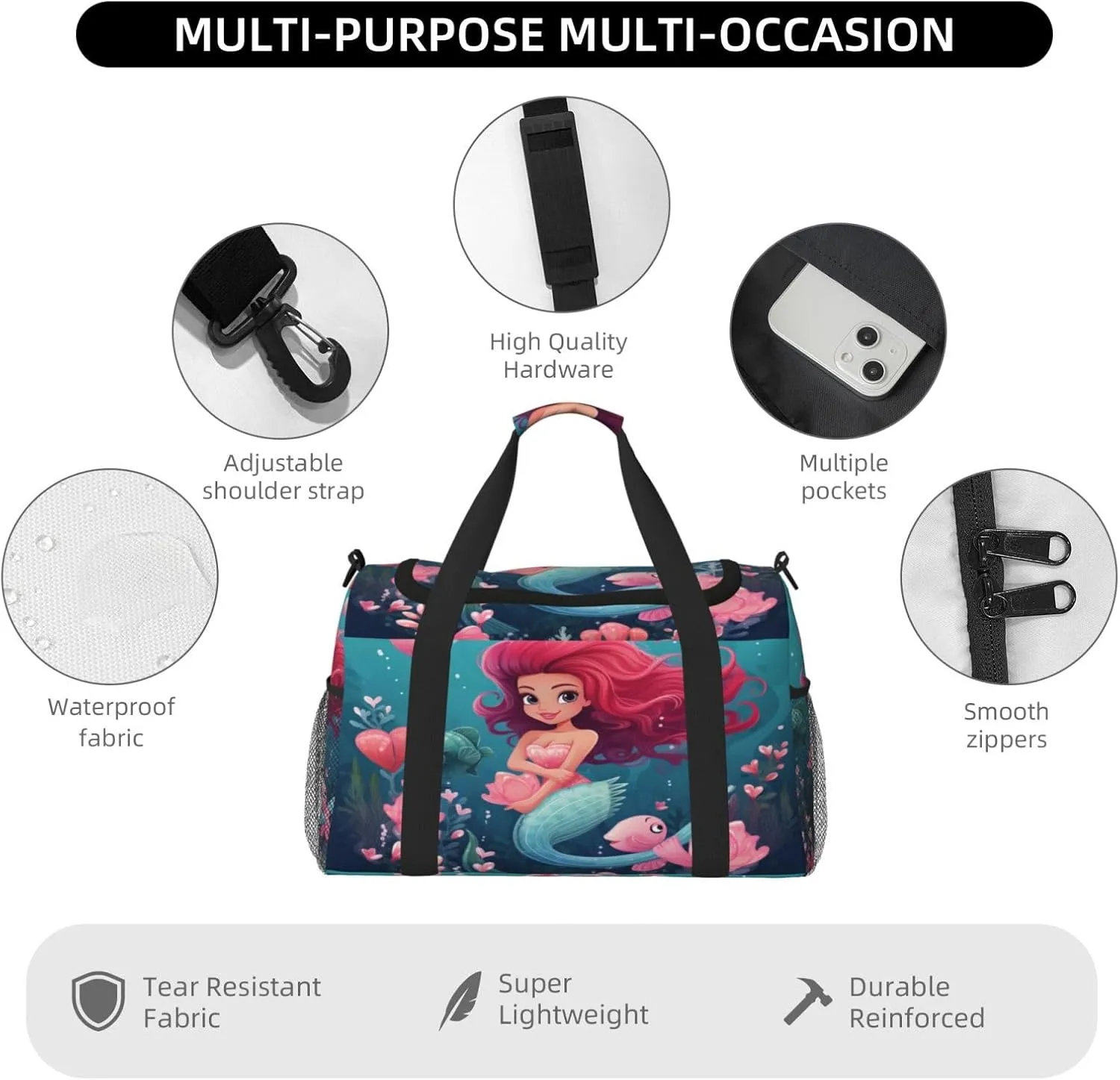 Travel Duffel Bag For Men Women, Cute Sea Mermaid Carry On Sport Gym Bag With Shoulder Strap Lightweight Waterproof Weekender Bag Overnight Bag