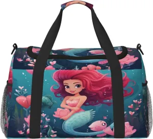 Travel Duffel Bag For Men Women, Cute Sea Mermaid Carry On Sport Gym Bag With Shoulder Strap Lightweight Waterproof Weekender Bag Overnight Bag