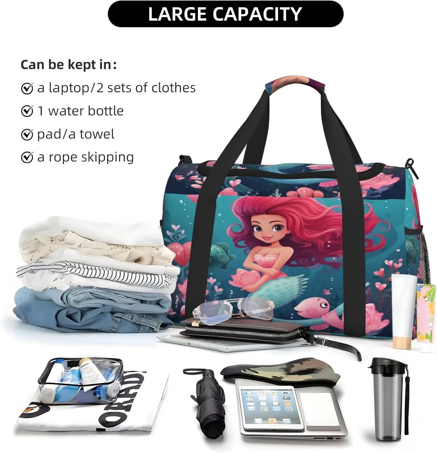 Travel Duffel Bag For Men Women, Cute Sea Mermaid Carry On Sport Gym Bag With Shoulder Strap Lightweight Waterproof Weekender Bag Overnight Bag