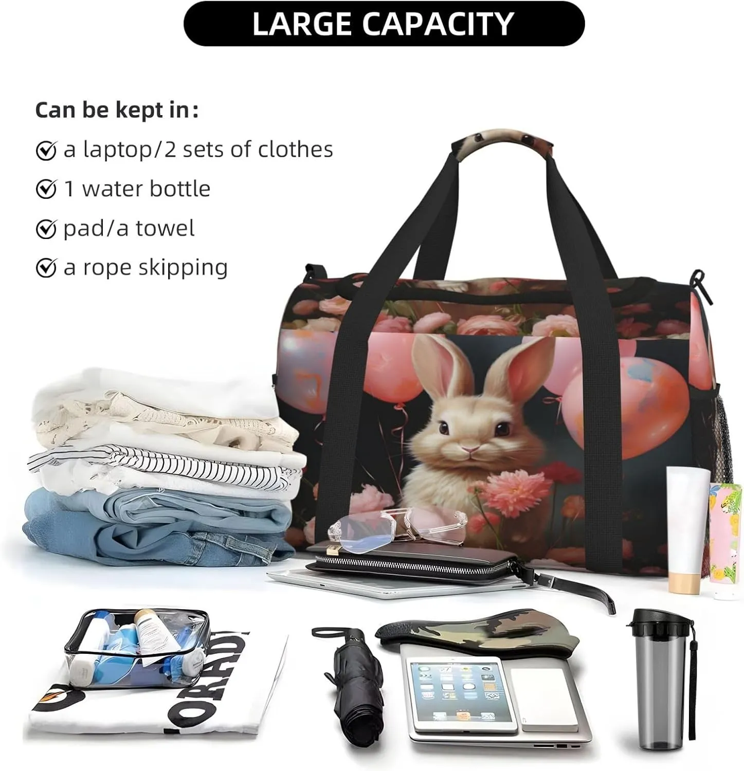 Travel Duffel Bag For Men Women, Easter Bunny Rabbit Carry On Sport Gym Bag With Shoulder Strap Lightweight Waterproof Weekender Bag Overnight Bag