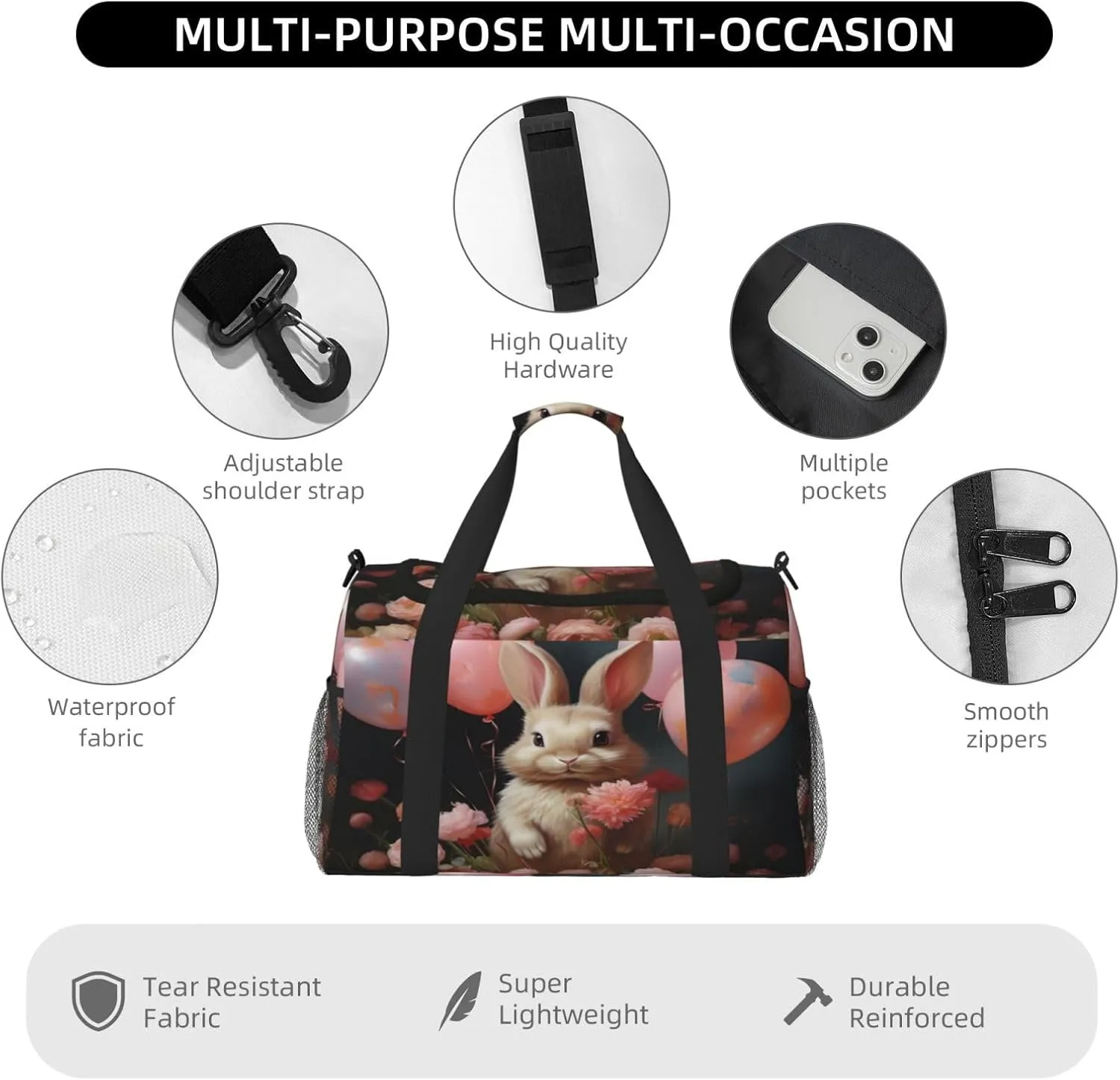 Travel Duffel Bag For Men Women, Easter Bunny Rabbit Carry On Sport Gym Bag With Shoulder Strap Lightweight Waterproof Weekender Bag Overnight Bag
