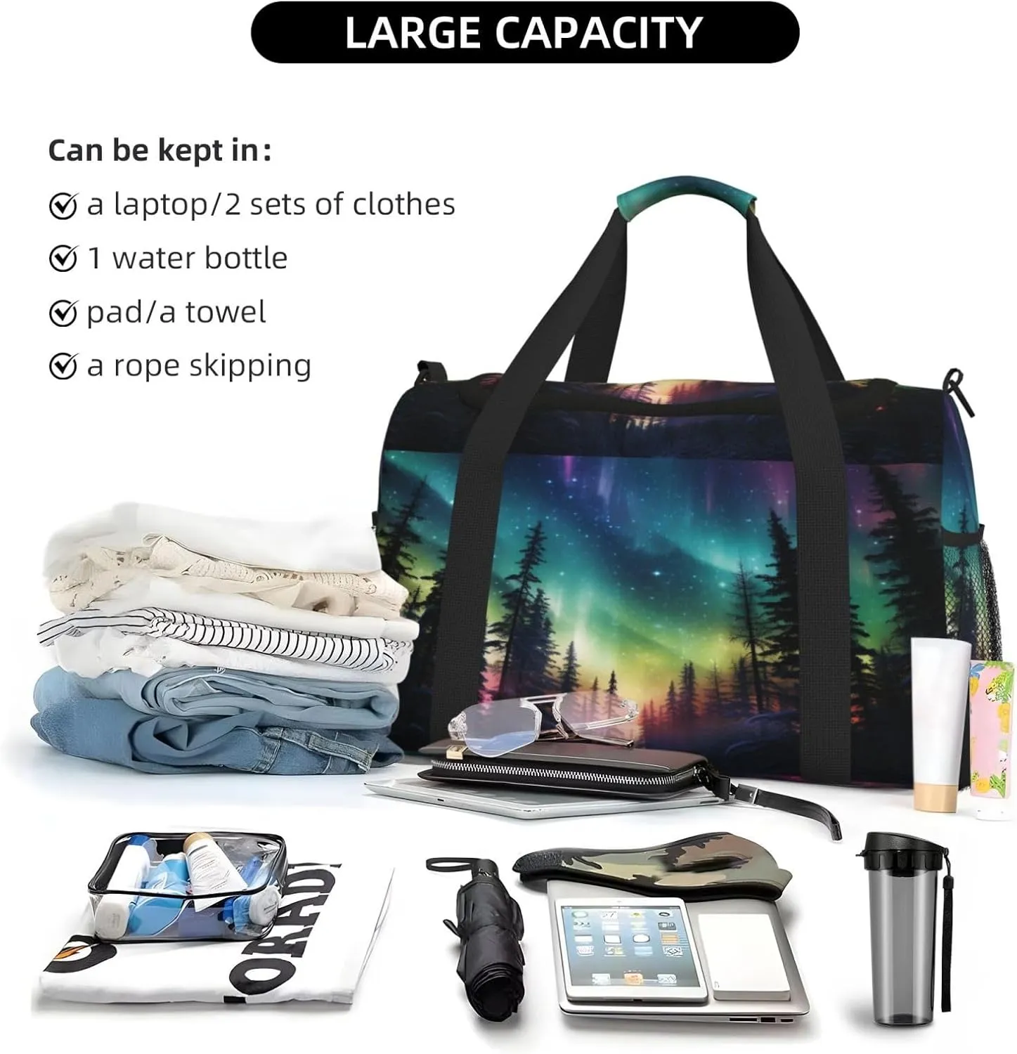Travel Duffel Bag For Men Women, Fantasy Northern Lights Aurora Carry On Sport Gym Bag With Shoulder Strap Lightweight Waterproof Weekender Bag Overnight Bag