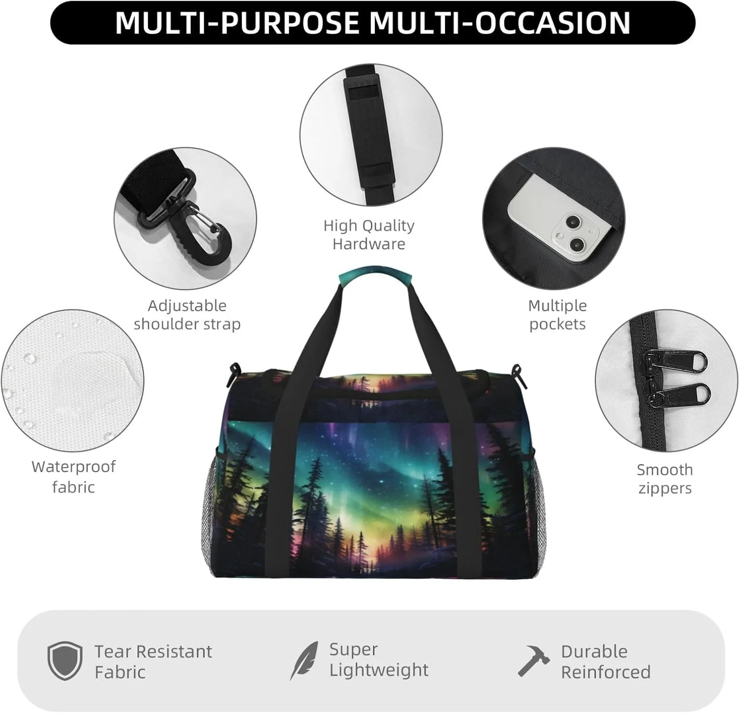 Travel Duffel Bag For Men Women, Fantasy Northern Lights Aurora Carry On Sport Gym Bag With Shoulder Strap Lightweight Waterproof Weekender Bag Overnight Bag