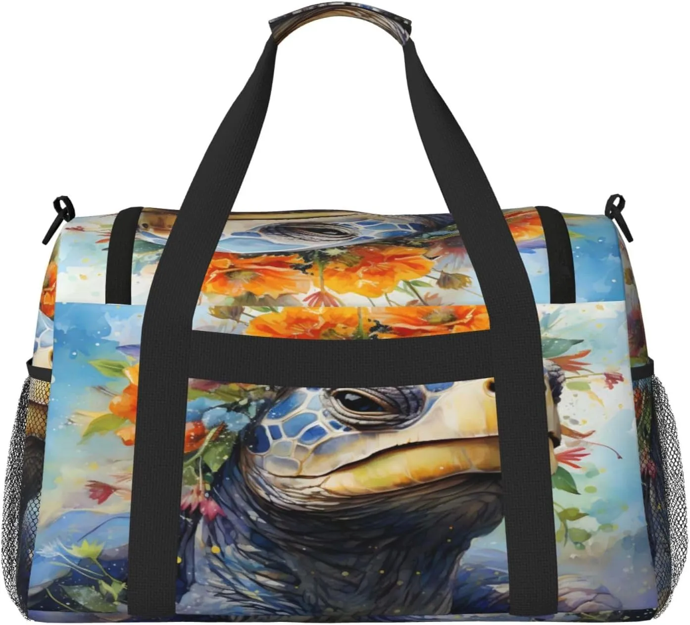 Travel Duffel Bag For Men Women, Floral Tortoise Turtle Art Carry On Sport Gym Bag With Shoulder Strap Lightweight Waterproof Weekender Bag Overnight Bag