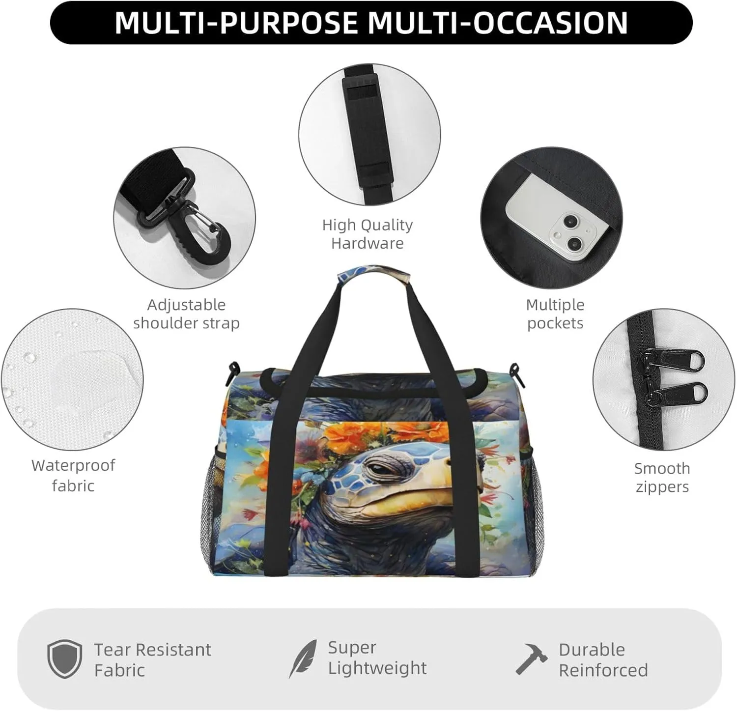 Travel Duffel Bag For Men Women, Floral Tortoise Turtle Art Carry On Sport Gym Bag With Shoulder Strap Lightweight Waterproof Weekender Bag Overnight Bag