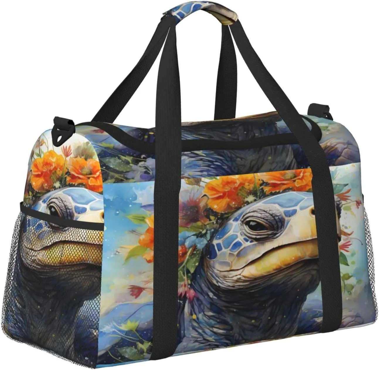 Travel Duffel Bag For Men Women, Floral Tortoise Turtle Art Carry On Sport Gym Bag With Shoulder Strap Lightweight Waterproof Weekender Bag Overnight Bag