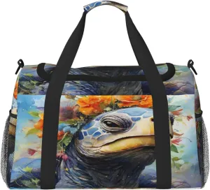 Travel Duffel Bag For Men Women, Floral Tortoise Turtle Art Carry On Sport Gym Bag With Shoulder Strap Lightweight Waterproof Weekender Bag Overnight Bag