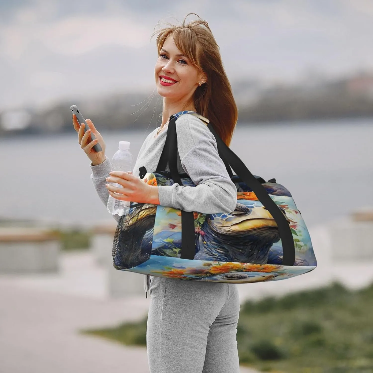 Travel Duffel Bag For Men Women, Floral Tortoise Turtle Art Carry On Sport Gym Bag With Shoulder Strap Lightweight Waterproof Weekender Bag Overnight Bag