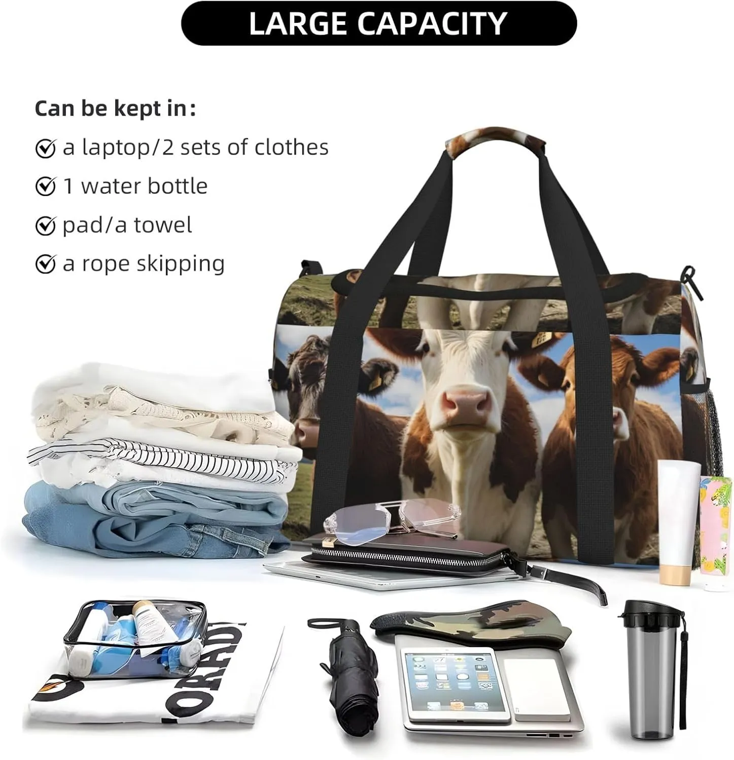 Travel Duffel Bag For Men Women, Funny Animal Cow Carry On Sport Gym Bag With Shoulder Strap Lightweight Waterproof Weekender Bag Overnight Bag
