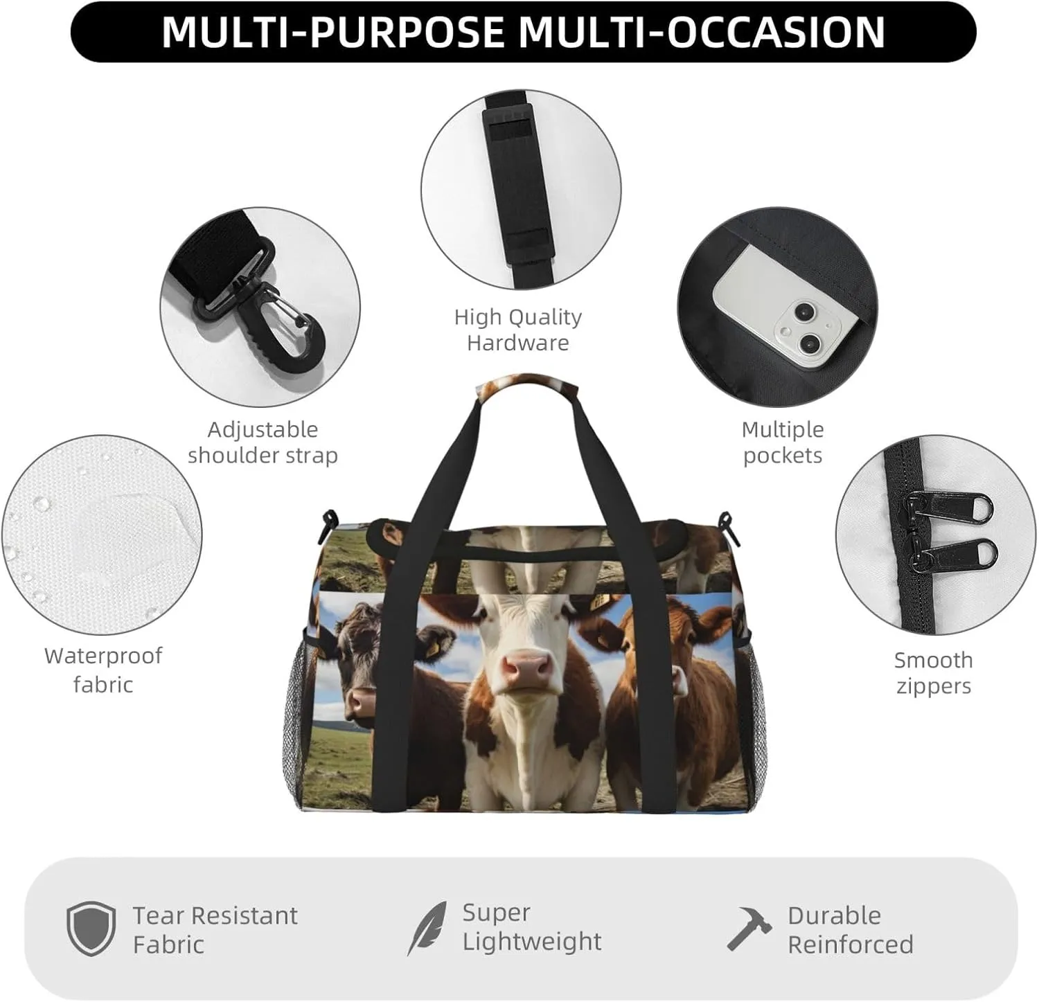 Travel Duffel Bag For Men Women, Funny Animal Cow Carry On Sport Gym Bag With Shoulder Strap Lightweight Waterproof Weekender Bag Overnight Bag