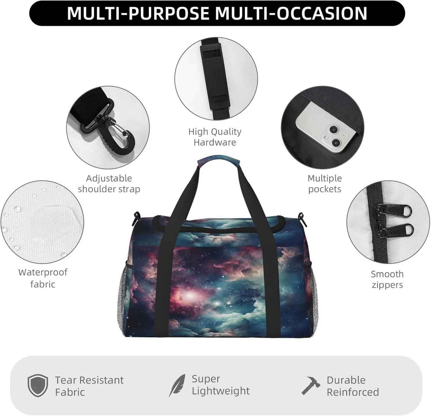 Travel Duffel Bag For Men Women, Nebula Cosmic Starry Sky Carry On Sport Gym Bag With Shoulder Strap Lightweight Waterproof Weekender Bag Overnight Bag