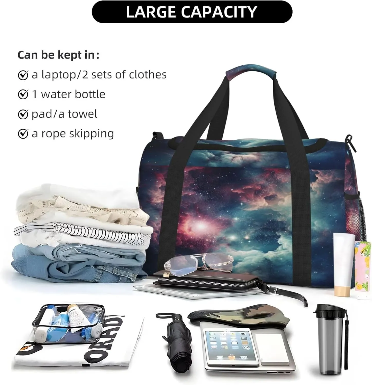 Travel Duffel Bag For Men Women, Nebula Cosmic Starry Sky Carry On Sport Gym Bag With Shoulder Strap Lightweight Waterproof Weekender Bag Overnight Bag