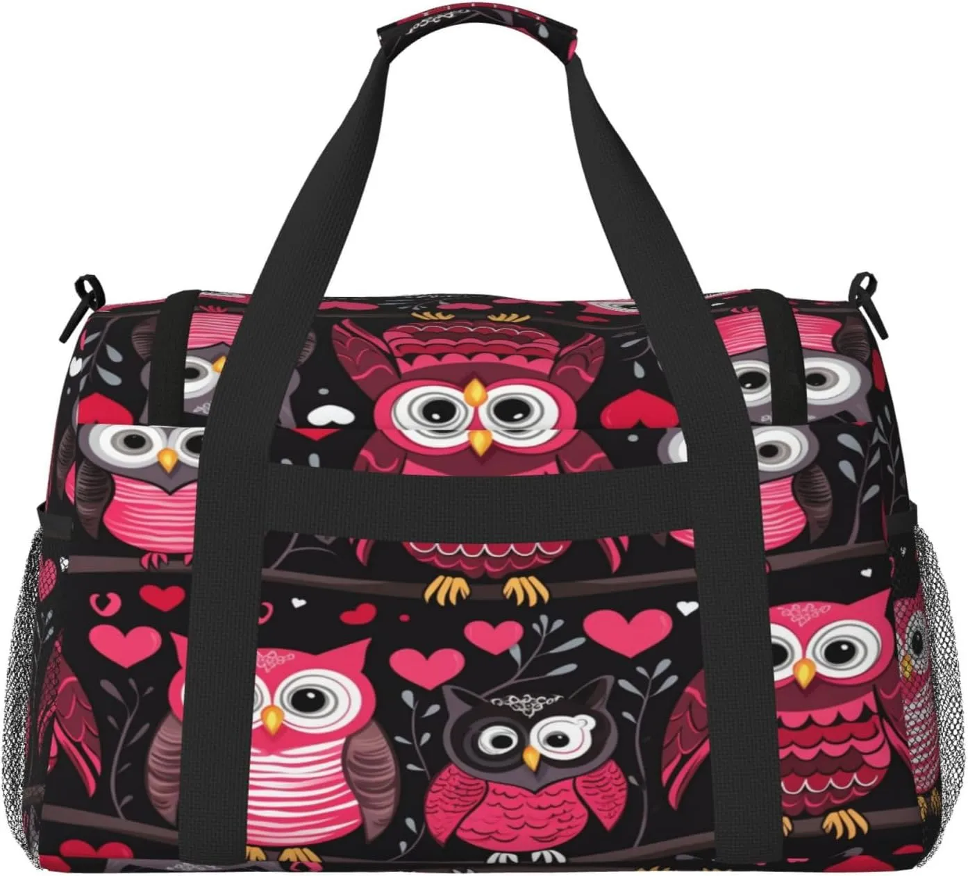 Travel Duffel Bag For Men Women, Pink Owl Birds Valentines Day Carry On Sport Gym Bag With Shoulder Strap Lightweight Waterproof Weekender Bag Overnight Bag