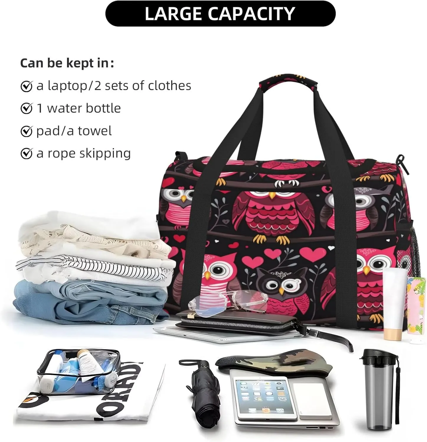 Travel Duffel Bag For Men Women, Pink Owl Birds Valentines Day Carry On Sport Gym Bag With Shoulder Strap Lightweight Waterproof Weekender Bag Overnight Bag