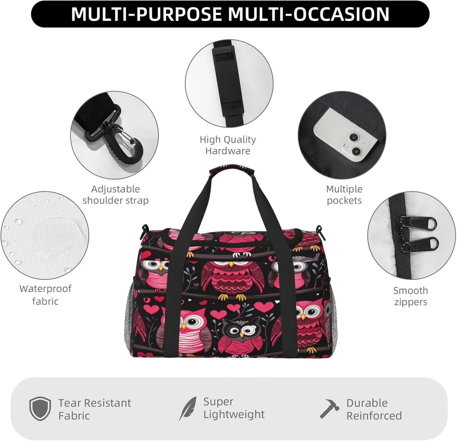 Travel Duffel Bag For Men Women, Pink Owl Birds Valentines Day Carry On Sport Gym Bag With Shoulder Strap Lightweight Waterproof Weekender Bag Overnight Bag