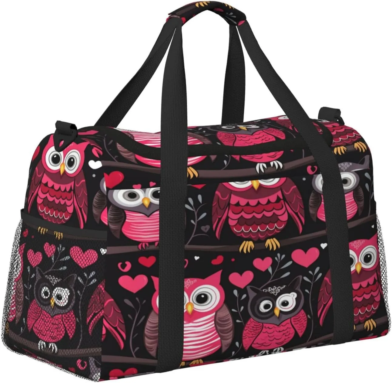Travel Duffel Bag For Men Women, Pink Owl Birds Valentines Day Carry On Sport Gym Bag With Shoulder Strap Lightweight Waterproof Weekender Bag Overnight Bag