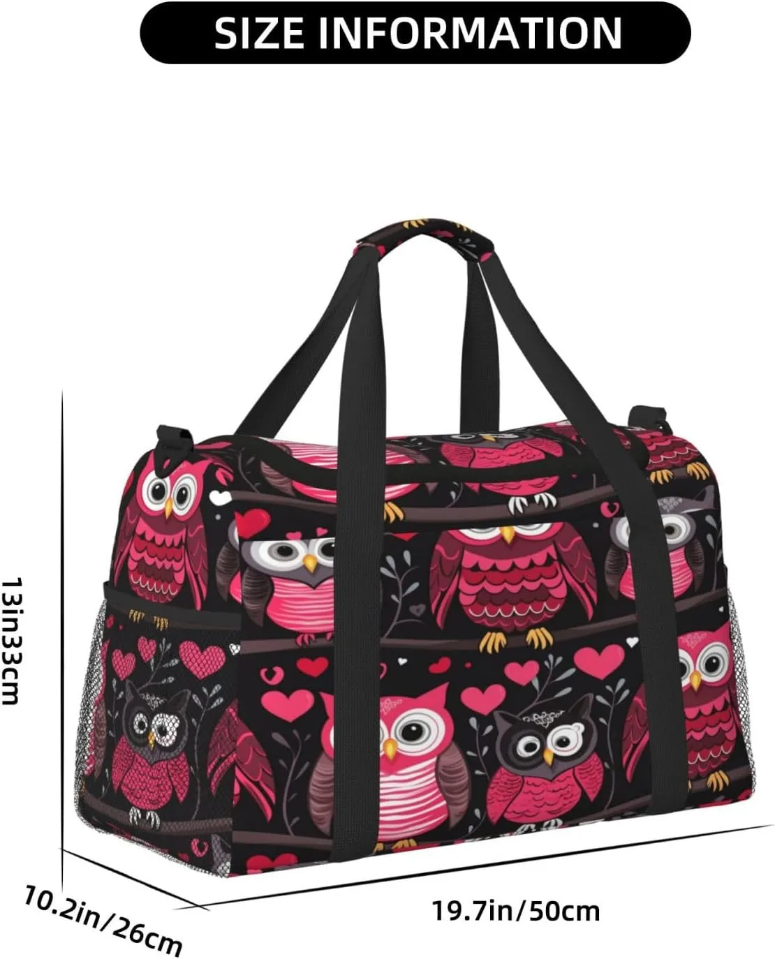 Travel Duffel Bag For Men Women, Pink Owl Birds Valentines Day Carry On Sport Gym Bag With Shoulder Strap Lightweight Waterproof Weekender Bag Overnight Bag