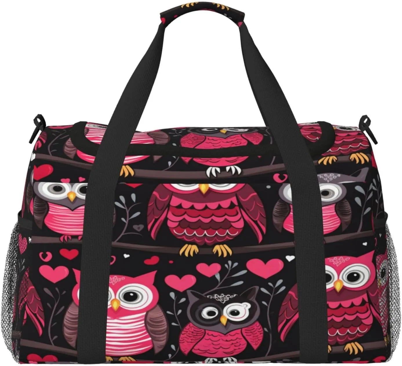 Travel Duffel Bag For Men Women, Pink Owl Birds Valentines Day Carry On Sport Gym Bag With Shoulder Strap Lightweight Waterproof Weekender Bag Overnight Bag