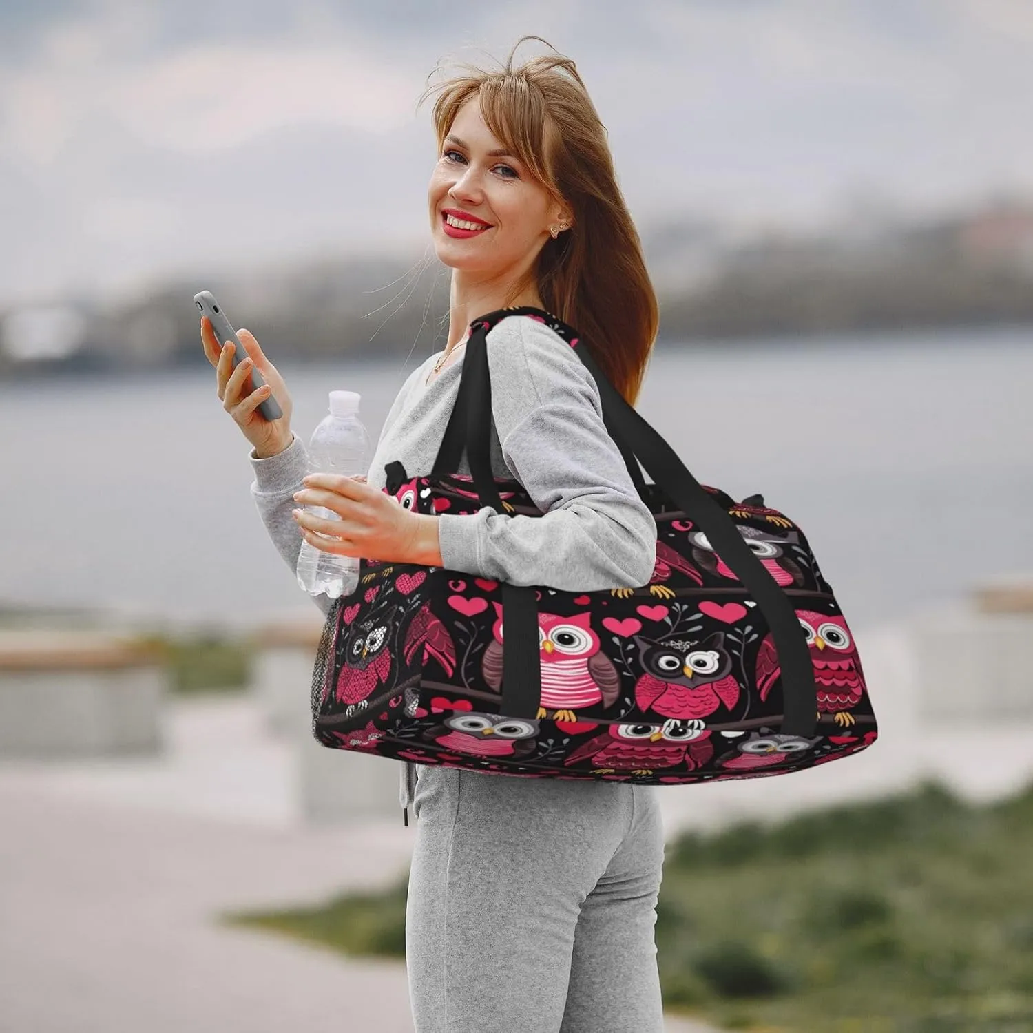 Travel Duffel Bag For Men Women, Pink Owl Birds Valentines Day Carry On Sport Gym Bag With Shoulder Strap Lightweight Waterproof Weekender Bag Overnight Bag