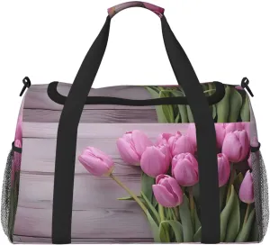 Travel Duffel Bag For Men Women, Purple Tulips Wooden Grain Carry On Sport Gym Bag With Shoulder Strap Lightweight Waterproof Weekender Bag Overnight Bag