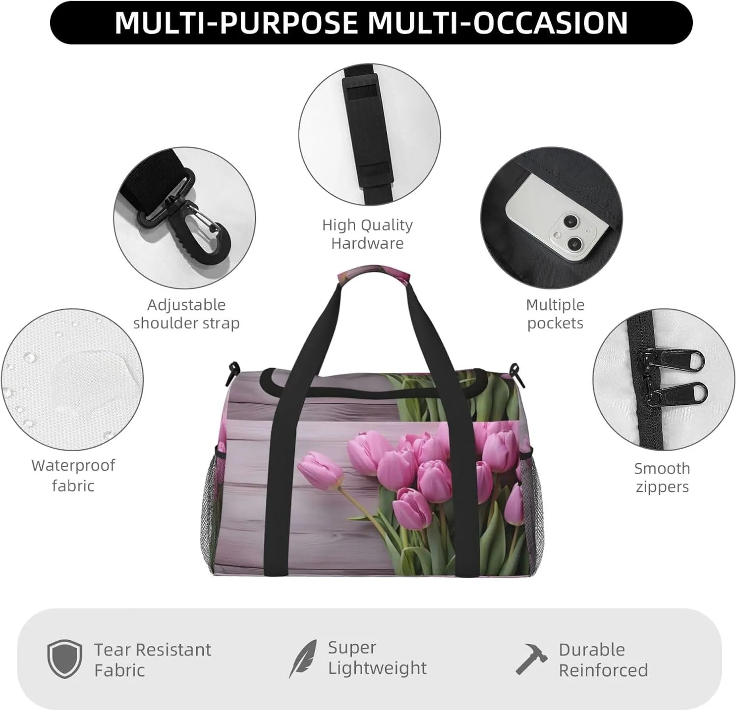 Travel Duffel Bag For Men Women, Purple Tulips Wooden Grain Carry On Sport Gym Bag With Shoulder Strap Lightweight Waterproof Weekender Bag Overnight Bag