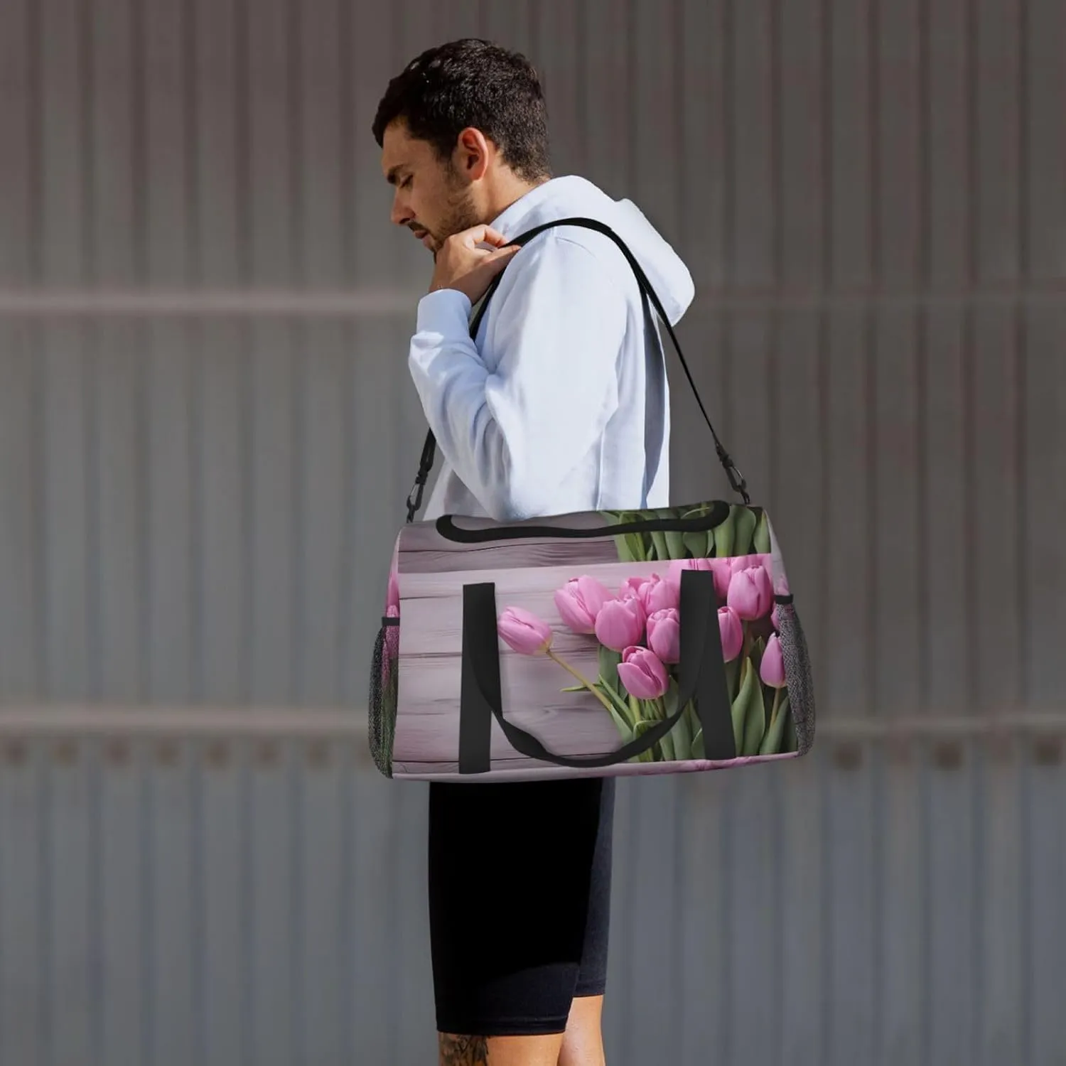 Travel Duffel Bag For Men Women, Purple Tulips Wooden Grain Carry On Sport Gym Bag With Shoulder Strap Lightweight Waterproof Weekender Bag Overnight Bag
