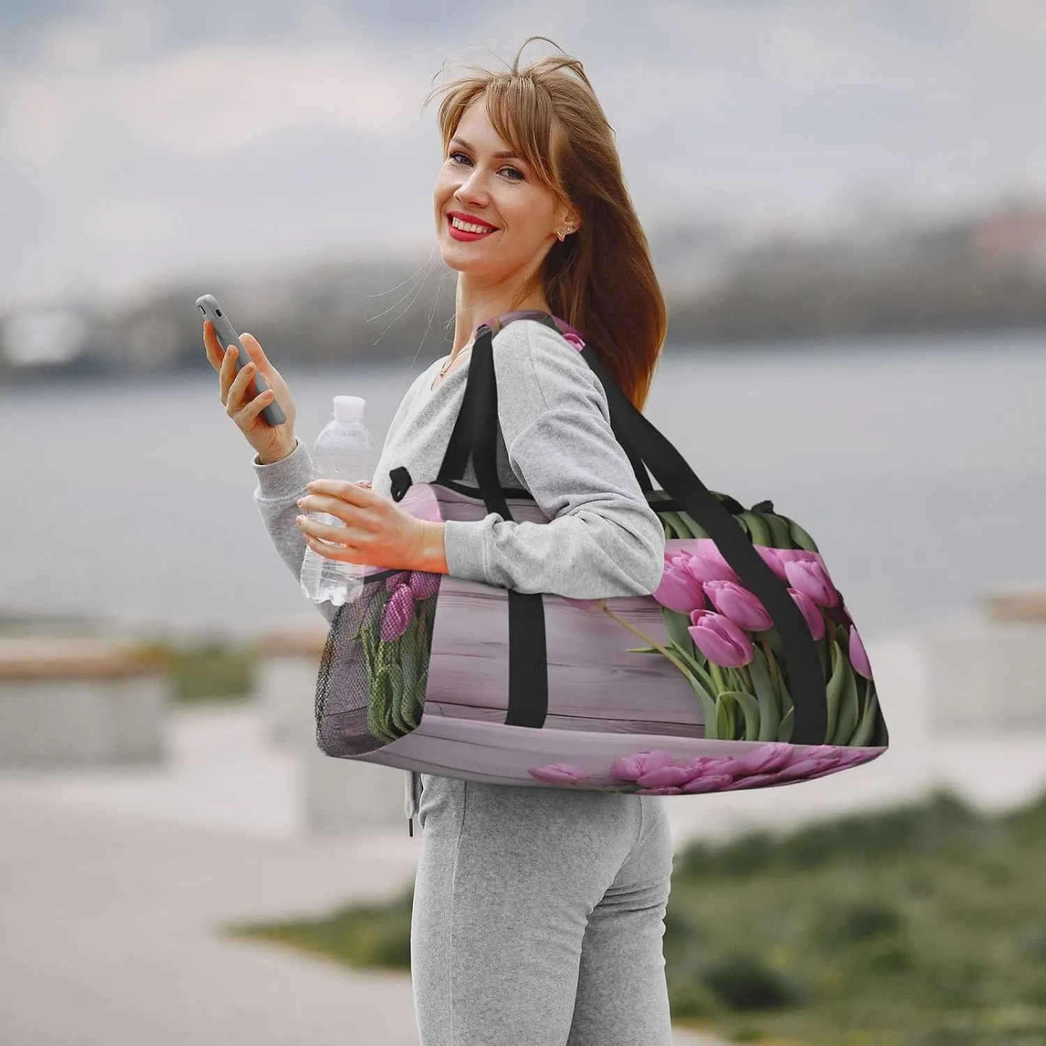 Travel Duffel Bag For Men Women, Purple Tulips Wooden Grain Carry On Sport Gym Bag With Shoulder Strap Lightweight Waterproof Weekender Bag Overnight Bag