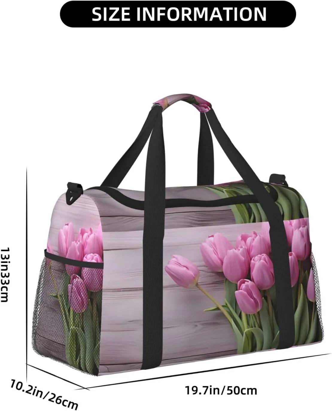 Travel Duffel Bag For Men Women, Purple Tulips Wooden Grain Carry On Sport Gym Bag With Shoulder Strap Lightweight Waterproof Weekender Bag Overnight Bag